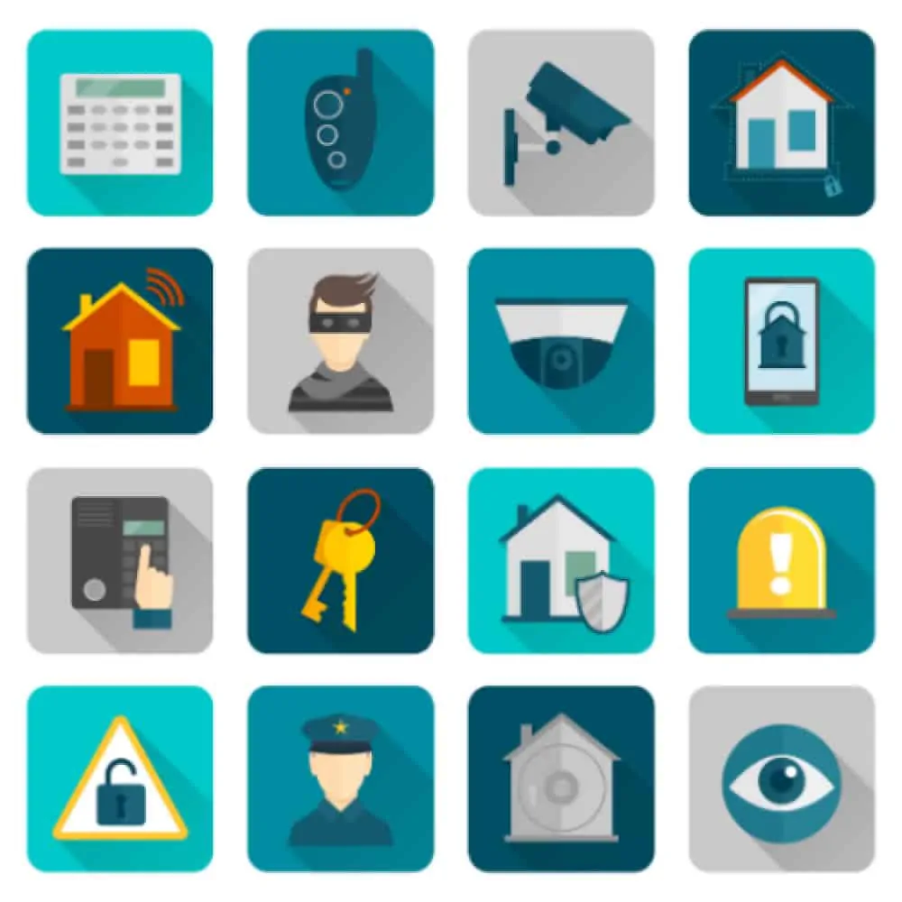 Home security safety and protection burglar alarm system flat icons set isolated vector illustration.