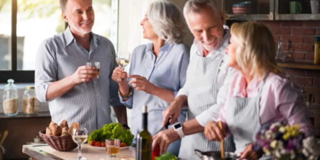 a couple entertaining guests in their home kitchen