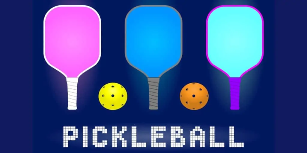 pickleball sign with pics of bright colored paddles and balls