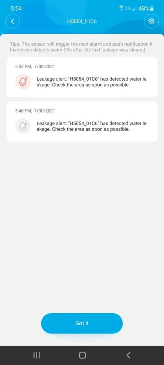 govee water leakage alert on app