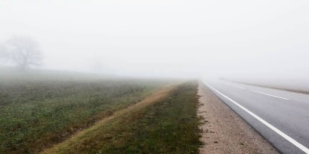 An empty highway (new asphalt road) through the field and forest. Fog, rainy day. Atmospheric autumn landscape. 